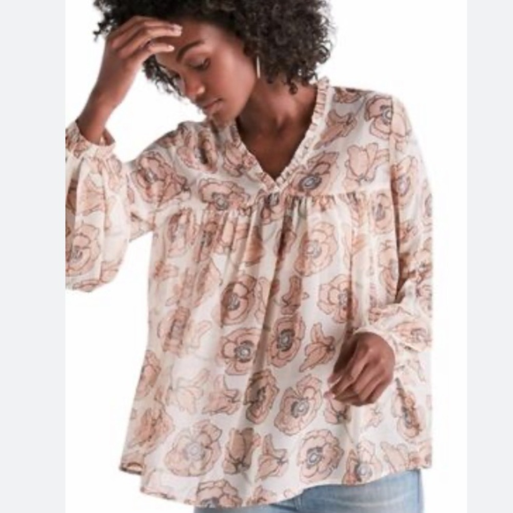 Lucky Brand, sheer floral balloons sleeve BOHO flowing 🌸Cream and Blush